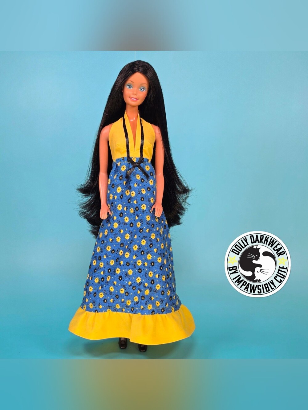 For TNT Barbie Doll- 70s Yellow and Blue Cottagecore, Prairie, Halter Dress